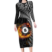 Personalised New Zealand Billiards Family Matching Long Sleeve Bodycon Dress and Hawaiian Shirt Maori Fern On Fire 8 Ball LT14 Mom's Dress Black - Polynesian Pride