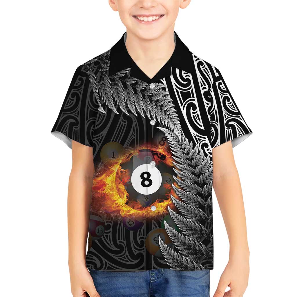 Personalised New Zealand Billiards Family Matching Long Sleeve Bodycon Dress and Hawaiian Shirt Maori Fern On Fire 8 Ball LT14 Son's Shirt Black - Polynesian Pride