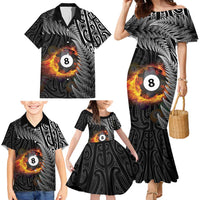 Personalised New Zealand Billiards Family Matching Mermaid Dress and Hawaiian Shirt Maori Fern On Fire 8 Ball LT14 - Polynesian Pride