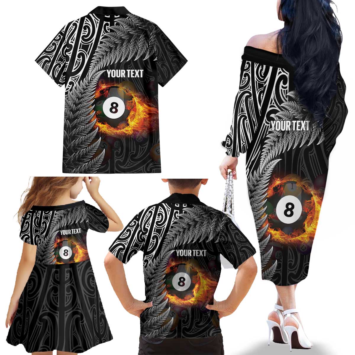 Personalised New Zealand Billiards Family Matching Off The Shoulder Long Sleeve Dress and Hawaiian Shirt Maori Fern On Fire 8 Ball LT14 - Polynesian Pride