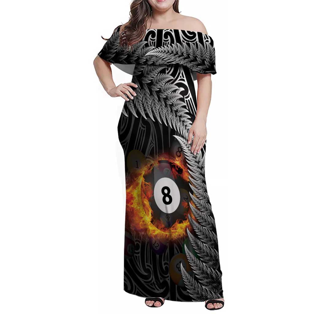 Personalised New Zealand Billiards Family Matching Off Shoulder Maxi Dress and Hawaiian Shirt Maori Fern On Fire 8 Ball - Polynesian Pride