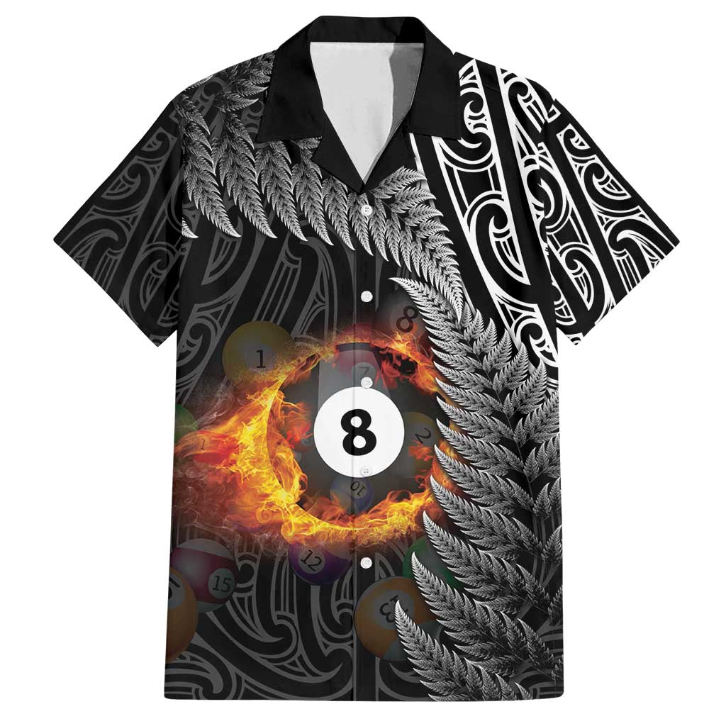 Personalised New Zealand Billiards Family Matching Off Shoulder Short Dress and Hawaiian Shirt Maori Fern On Fire 8 Ball - Polynesian Pride