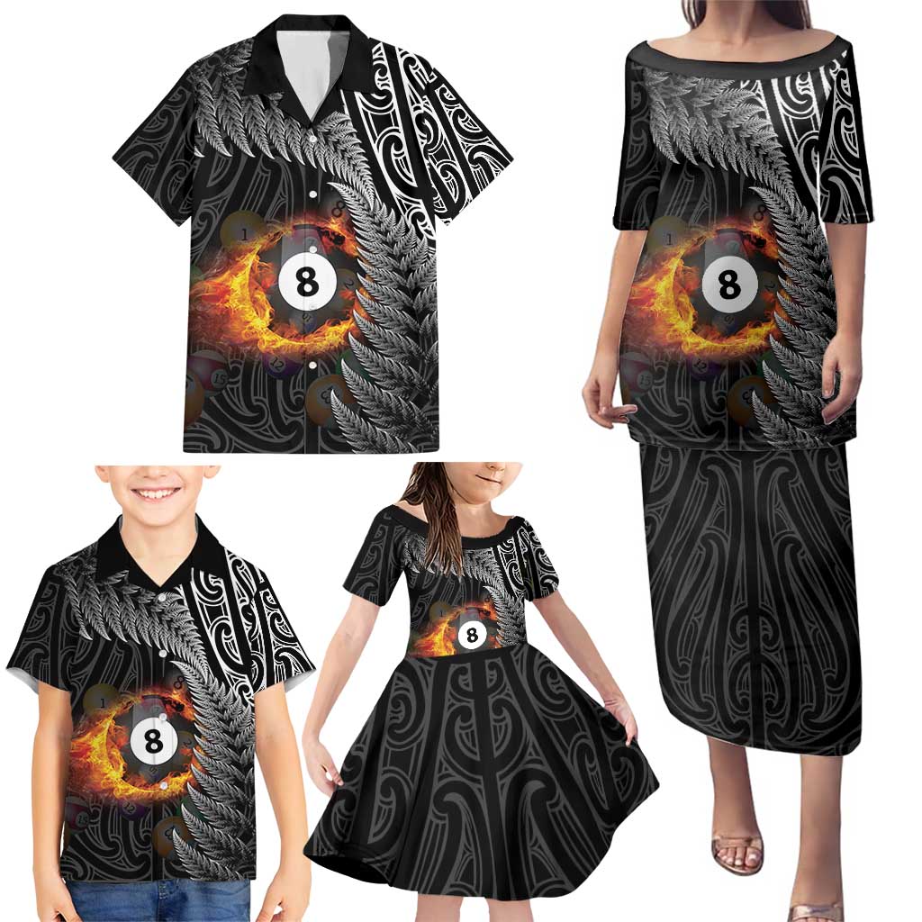 Personalised New Zealand Billiards Family Matching Puletasi and Hawaiian Shirt Maori Fern On Fire 8 Ball - Polynesian Pride