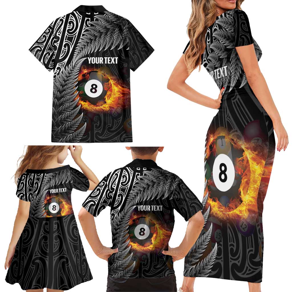 Personalised New Zealand Billiards Family Matching Short Sleeve Bodycon Dress and Hawaiian Shirt Maori Fern On Fire 8 Ball LT14 - Polynesian Pride