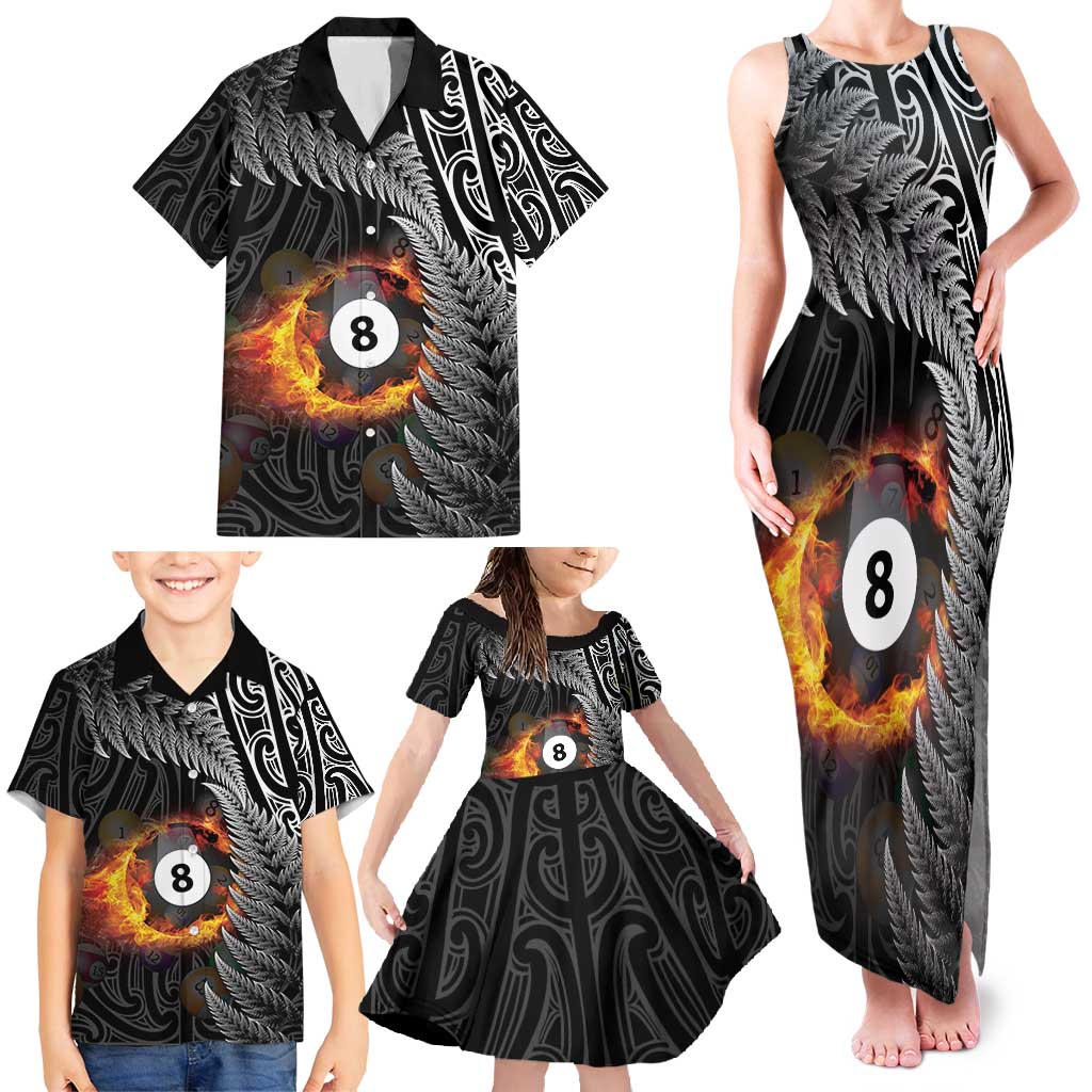 Personalised New Zealand Billiards Family Matching Tank Maxi Dress and Hawaiian Shirt Maori Fern On Fire 8 Ball - Polynesian Pride