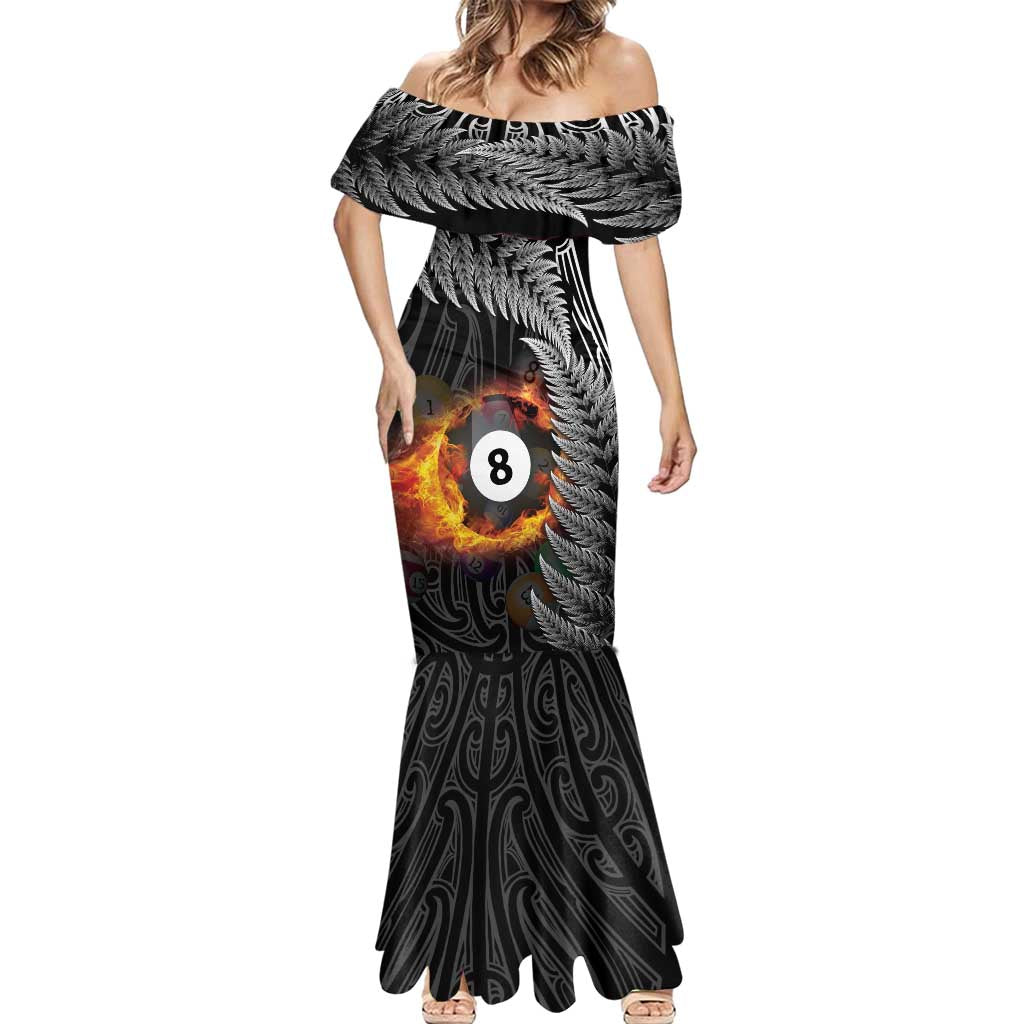 Personalised New Zealand Billiards Mermaid Dress Maori Fern On Fire 8 Ball - Polynesian Pride