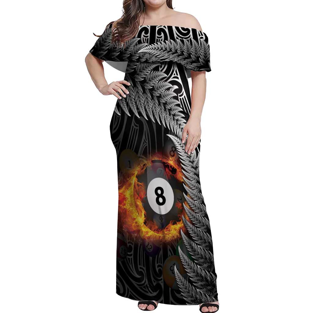 Personalised New Zealand Billiards Off Shoulder Maxi Dress Maori Fern On Fire 8 Ball - Polynesian Pride