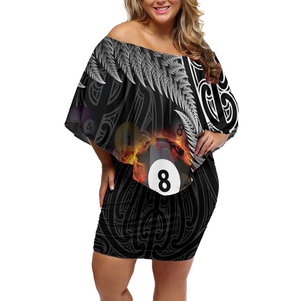 Personalised New Zealand Billiards Off Shoulder Short Dress Maori Fern On Fire 8 Ball - Polynesian Pride