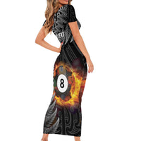 Personalised New Zealand Billiards Short Sleeve Bodycon Dress Maori Fern On Fire 8 Ball - Polynesian Pride