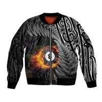 Personalised New Zealand Billiards Sleeve Zip Bomber Jacket Maori Fern On Fire 8 Ball LT14 Unisex Black - Polynesian Pride