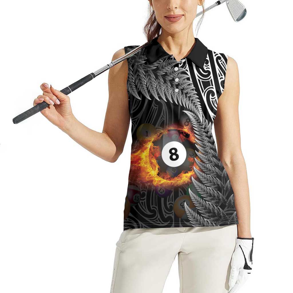 Personalised New Zealand Billiards Women Sleeveless Polo Shirt Maori Fern On Fire 8 Ball LT14 - Polynesian Pride