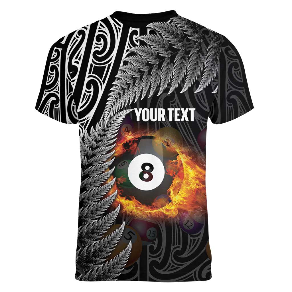 Personalised New Zealand Billiards Women V-Neck T-Shirt Maori Fern On Fire 8 Ball LT14 - Polynesian Pride