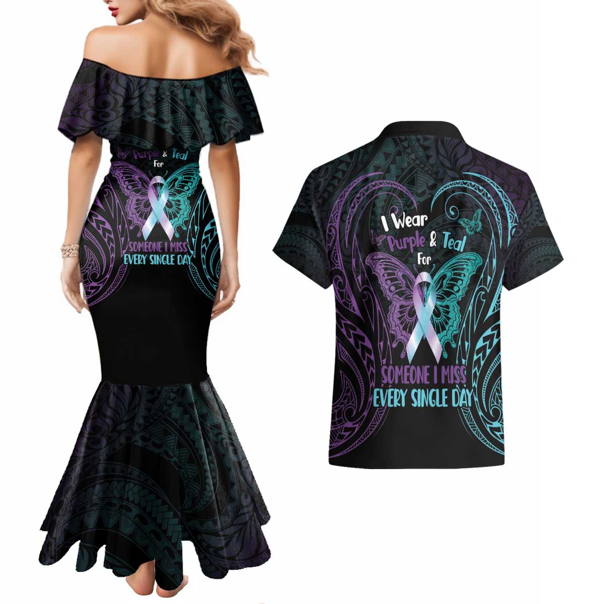 Suicide Awareness Memorial Couples Matching Mermaid Dress and Hawaiian Shirt I Wear Purple and Teal For Someone I Miss - Polynesian Pride