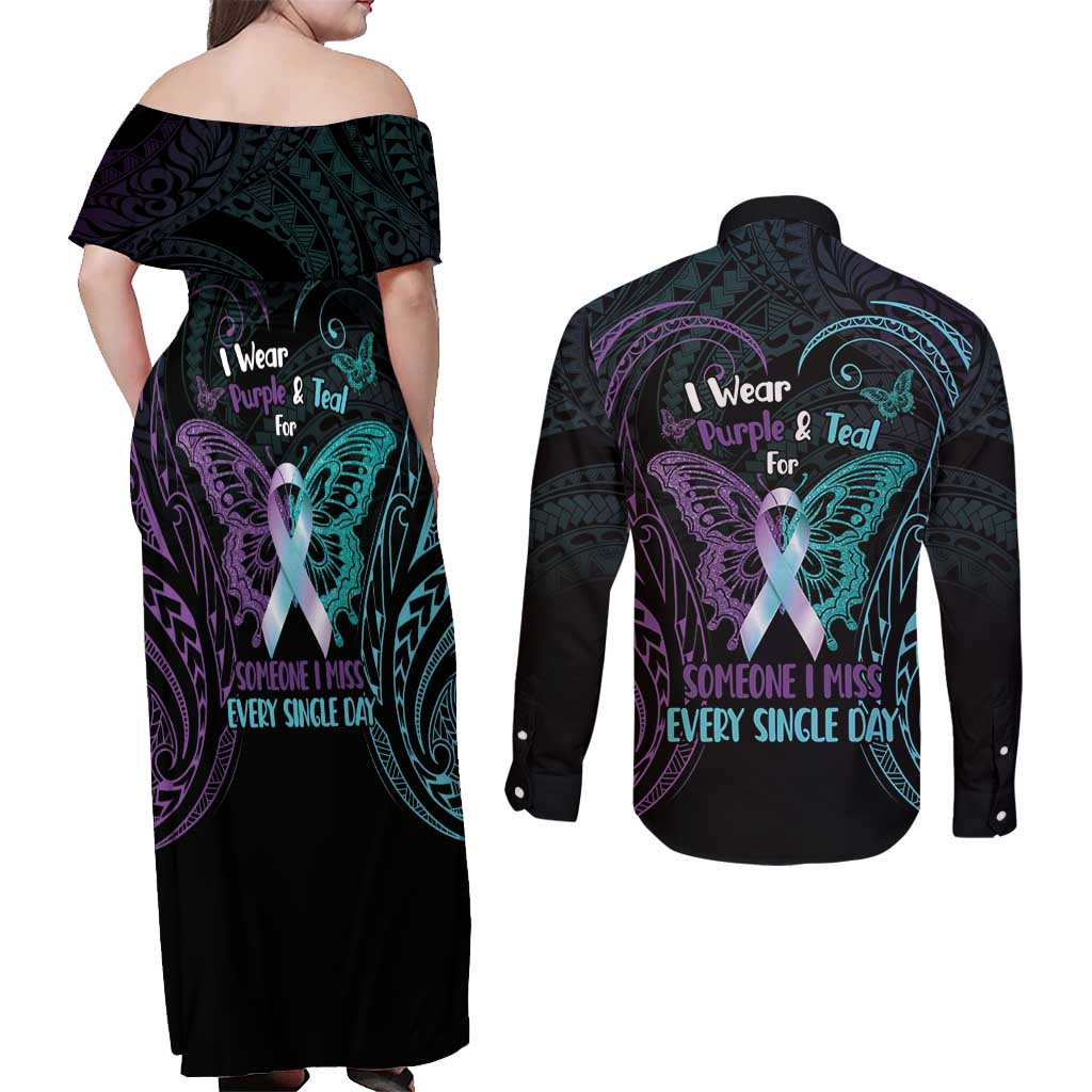 Suicide Awareness Memorial Couples Matching Off Shoulder Maxi Dress and Long Sleeve Button Shirt I Wear Purple and Teal For Someone I Miss - Polynesian Pride