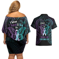 Suicide Awareness Memorial Couples Matching Off Shoulder Short Dress and Hawaiian Shirt I Wear Purple and Teal For Someone I Miss - Polynesian Pride