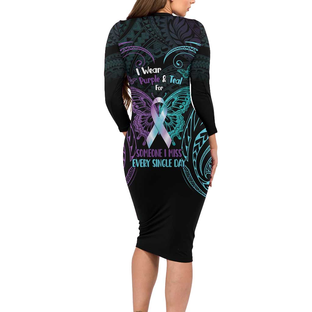 Suicide Awareness Memorial Family Matching Long Sleeve Bodycon Dress and Hawaiian Shirt I Wear Purple and Teal For Someone I Miss - Polynesian Pride
