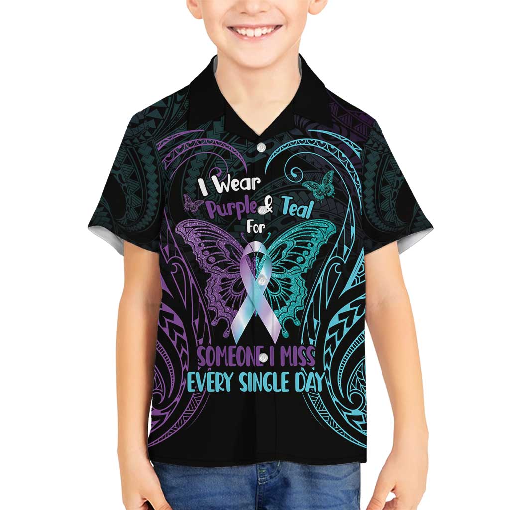 Suicide Awareness Memorial Family Matching Long Sleeve Bodycon Dress and Hawaiian Shirt I Wear Purple and Teal For Someone I Miss - Polynesian Pride