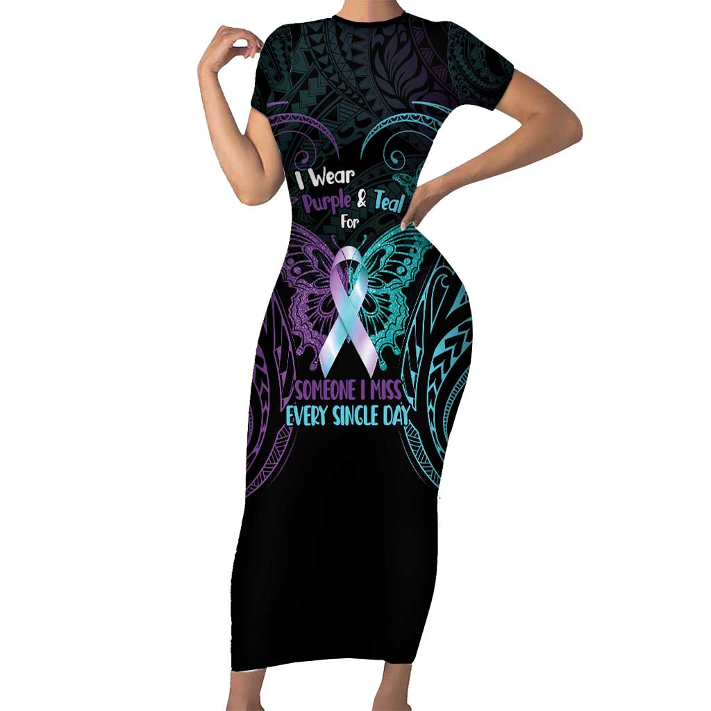 Suicide Awareness Memorial Family Matching Short Sleeve Bodycon Dress and Hawaiian Shirt I Wear Purple and Teal For Someone I Miss - Polynesian Pride