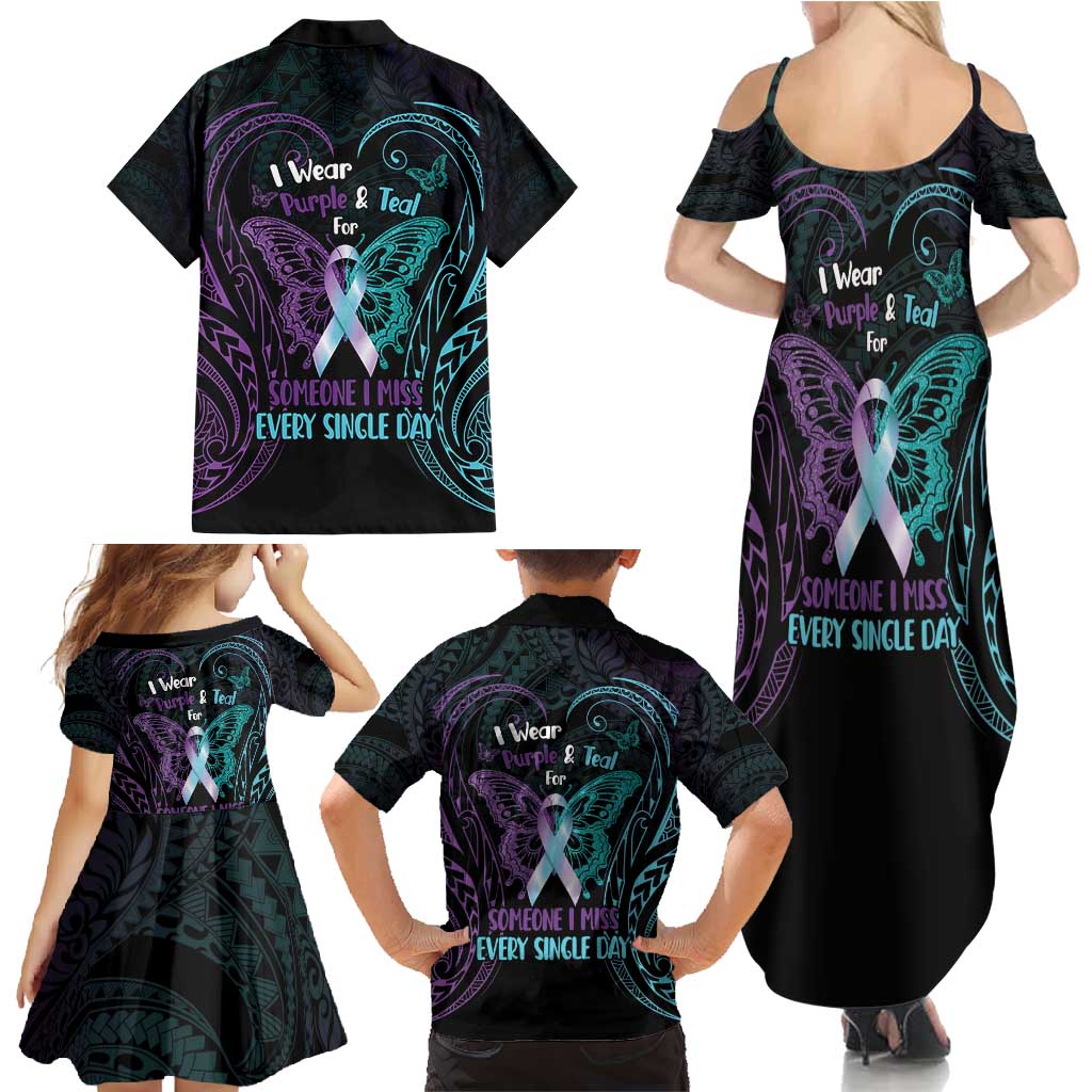 Suicide Awareness Memorial Family Matching Summer Maxi Dress and Hawaiian Shirt I Wear Purple and Teal For Someone I Miss - Polynesian Pride