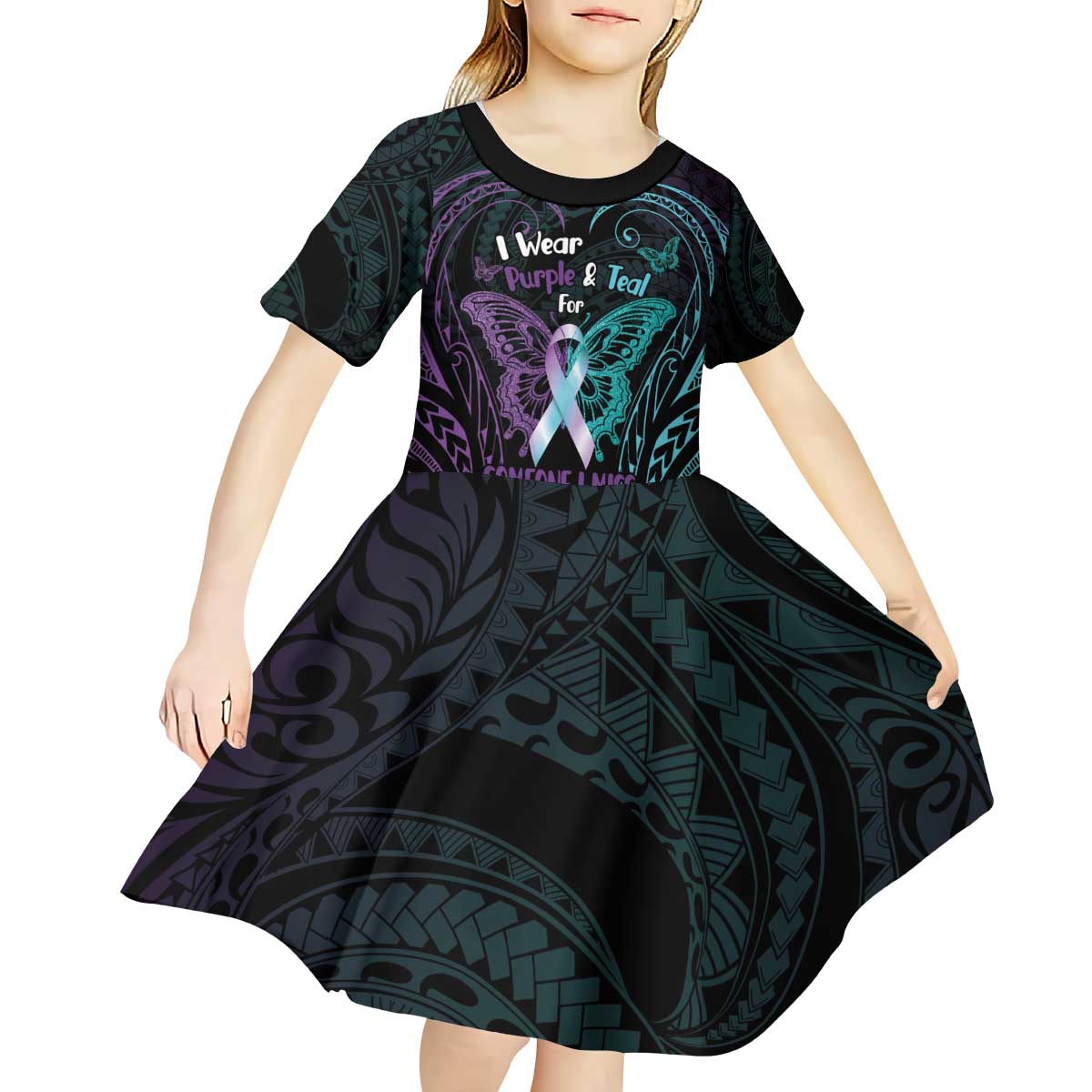 Suicide Awareness Memorial Kid Short Sleeve Dress I Wear Purple and Teal For Someone I Miss - Polynesian Pride
