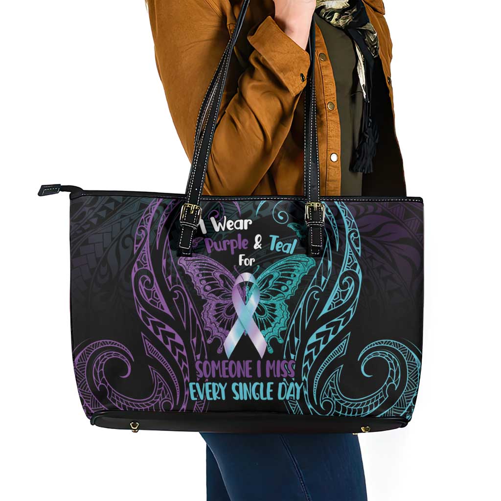 Suicide Awareness Memorial Leather Tote Bag I Wear Purple and Teal For Someone I Miss - Polynesian Pride