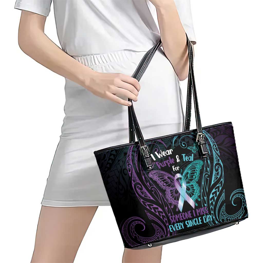 Suicide Awareness Memorial Leather Tote Bag I Wear Purple and Teal For Someone I Miss - Polynesian Pride