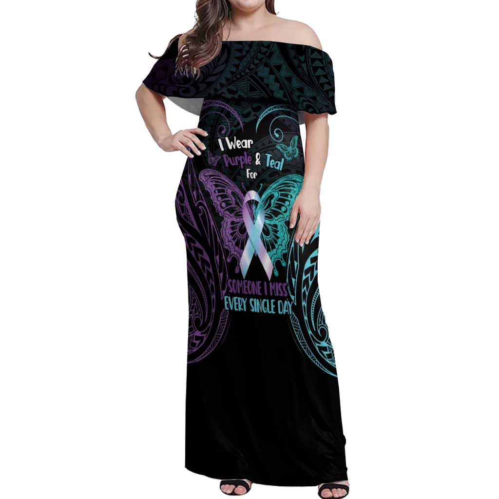 Suicide Awareness Memorial Off Shoulder Maxi Dress I Wear Purple and Teal For Someone I Miss - Polynesian Pride