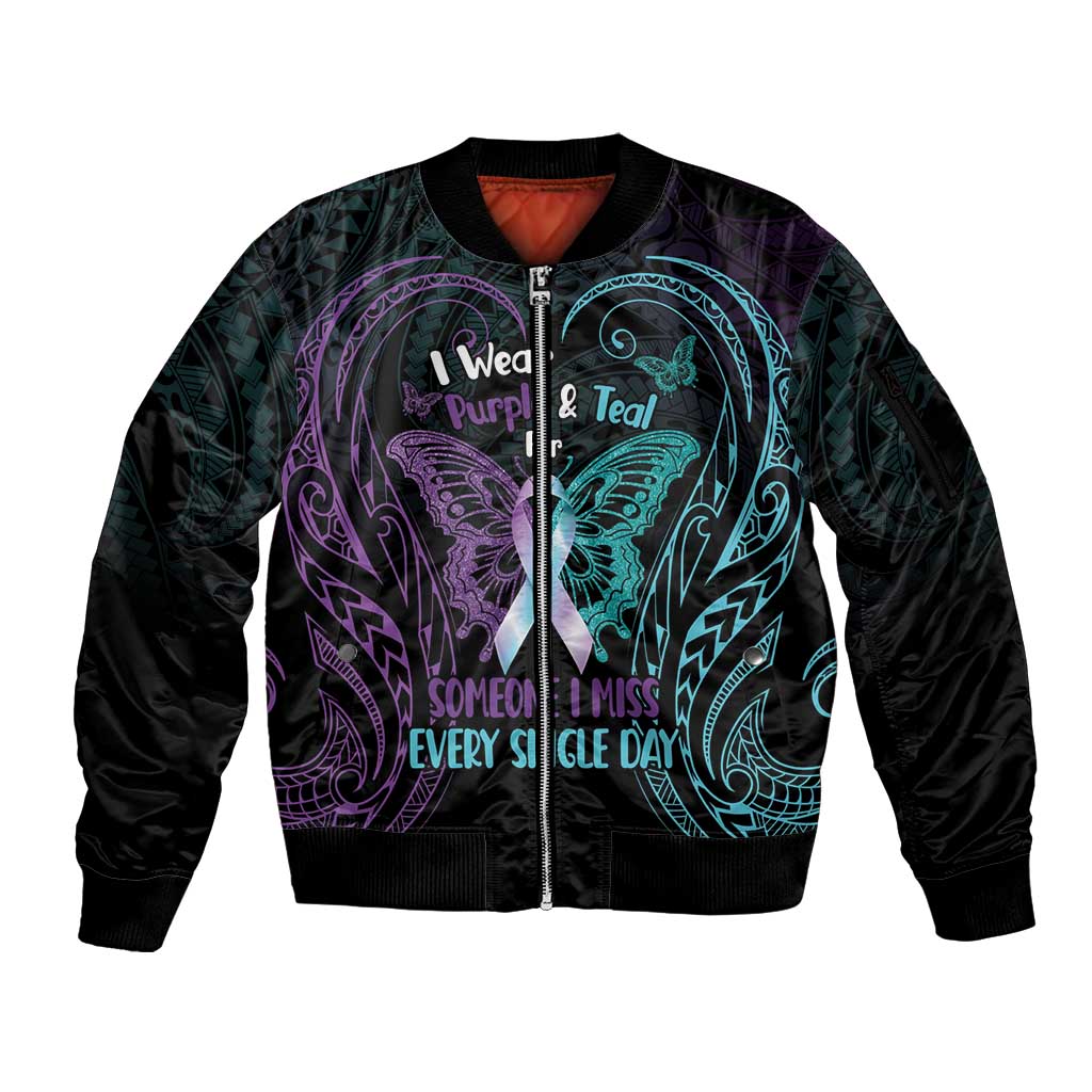 Suicide Awareness Memorial Sleeve Zip Bomber Jacket I Wear Purple and Teal For Someone I Miss - Polynesian Pride