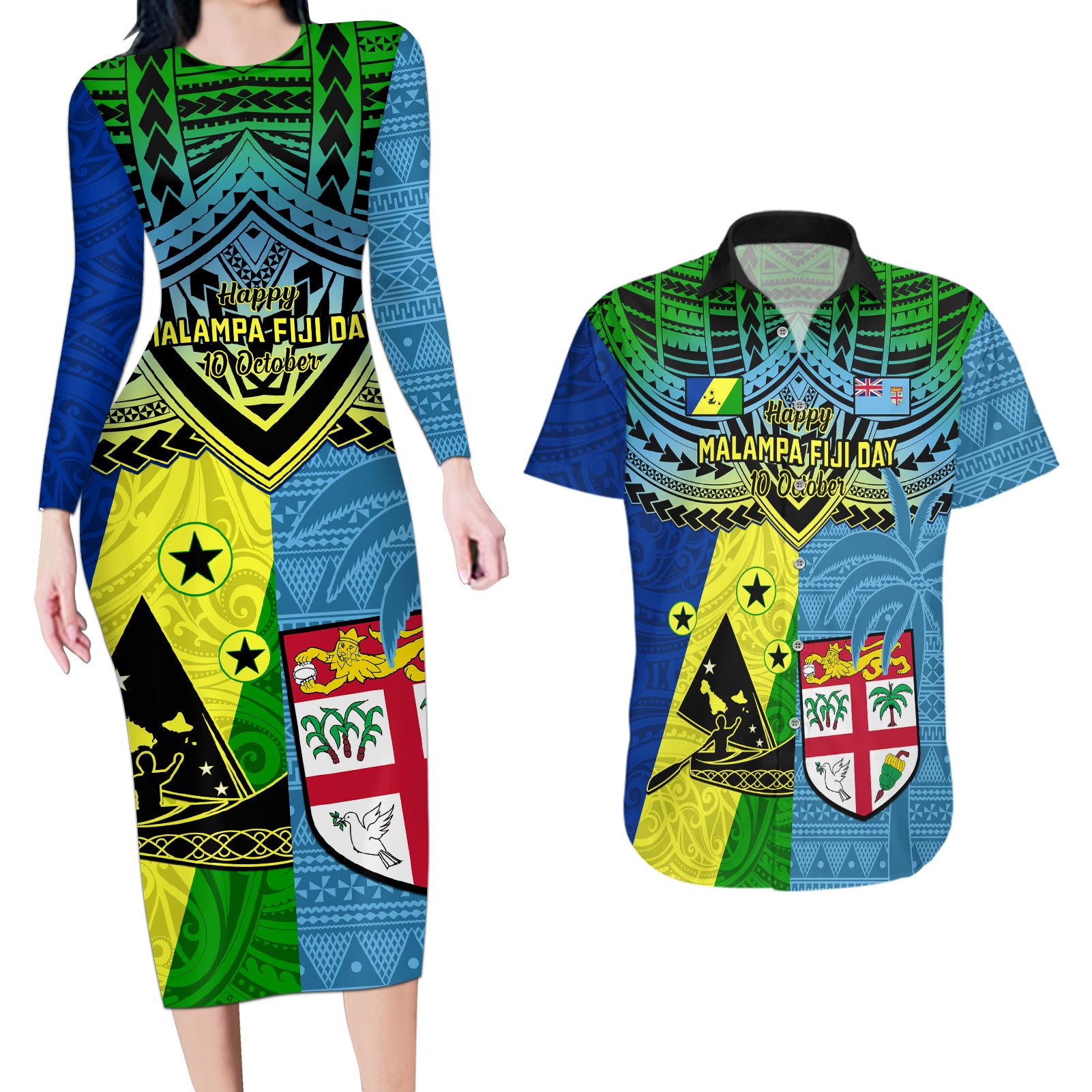 Malampa Fiji Day Couples Matching Long Sleeve Bodycon Dress and Hawaiian Shirt Together We Grow Proud Polynesian Tapa Artsy LT14 Blue - Polynesian Pride