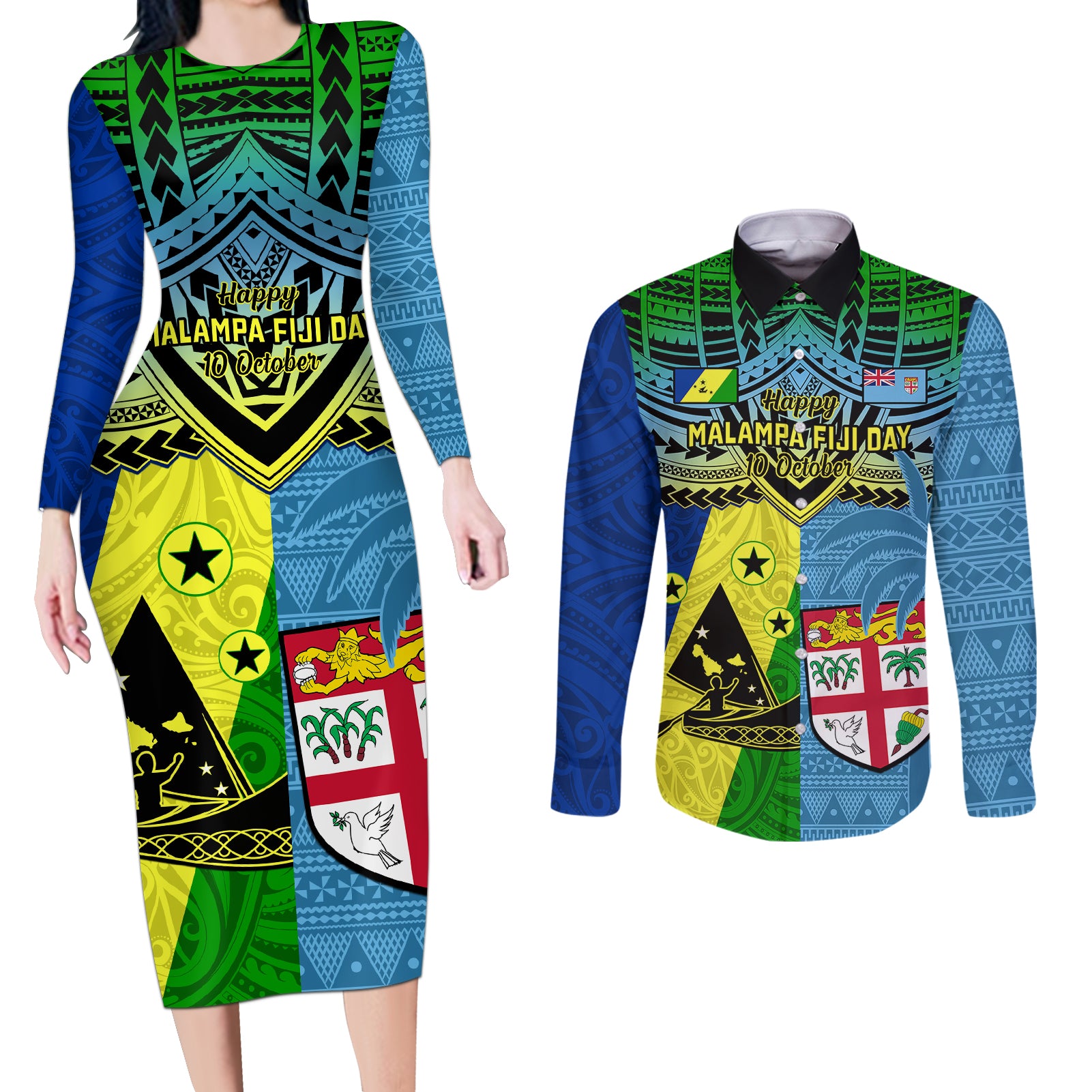 Malampa Fiji Day Couples Matching Long Sleeve Bodycon Dress and Long Sleeve Button Shirts Together We Grow Proud Polynesian Tapa Artsy LT14 Blue - Polynesian Pride