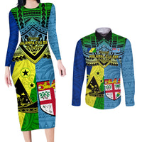 Malampa Fiji Day Couples Matching Long Sleeve Bodycon Dress and Long Sleeve Button Shirts Together We Grow Proud Polynesian Tapa Artsy LT14 Blue - Polynesian Pride