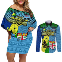 Malampa Fiji Day Couples Matching Off Shoulder Short Dress and Long Sleeve Button Shirts Together We Grow Proud Polynesian Tapa Artsy LT14 Blue - Polynesian Pride