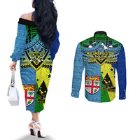 Malampa Fiji Day Couples Matching Off The Shoulder Long Sleeve Dress and Long Sleeve Button Shirts Together We Grow Proud Polynesian Tapa Artsy LT14 - Polynesian Pride
