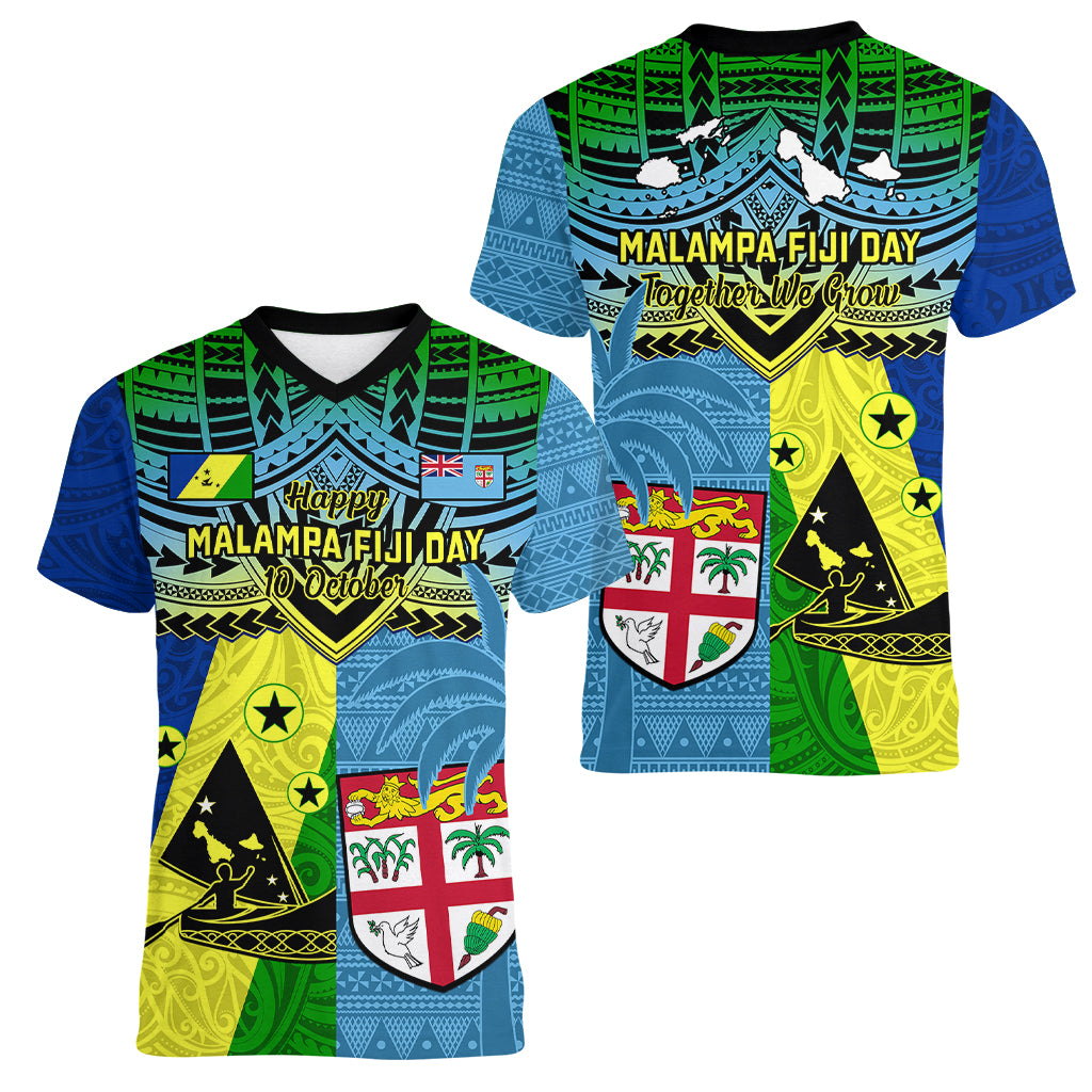 Malampa Fiji Day Women V Neck T Shirt Together We Grow Proud Polynesian Tapa Artsy LT14 - Polynesian Pride