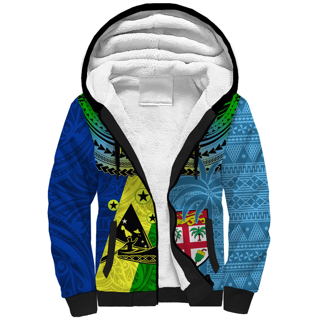 Custom Malampa Fiji Day Sherpa Hoodie Together We Grow Proud Polynesian Tapa Artsy LT14 Unisex Blue - Polynesian Pride