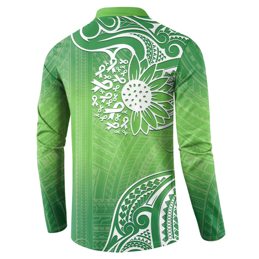 Polynesia Depression Awareness Button Sweatshirt Sunflower Green Ribbons Polynesian Tattoo