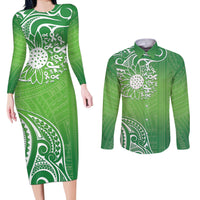 Polynesia Depression Awareness Couples Matching Long Sleeve Bodycon Dress and Long Sleeve Button Shirt Sunflower Green Ribbons Polynesian Tattoo