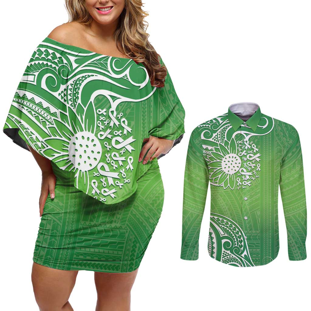 Polynesia Depression Awareness Couples Matching Off Shoulder Short Dress and Long Sleeve Button Shirt Sunflower Green Ribbons Polynesian Tattoo