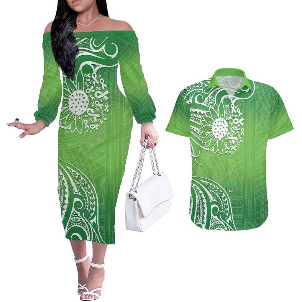 Polynesia Depression Awareness Couples Matching Off The Shoulder Long Sleeve Dress and Hawaiian Shirt Sunflower Green Ribbons Polynesian Tattoo