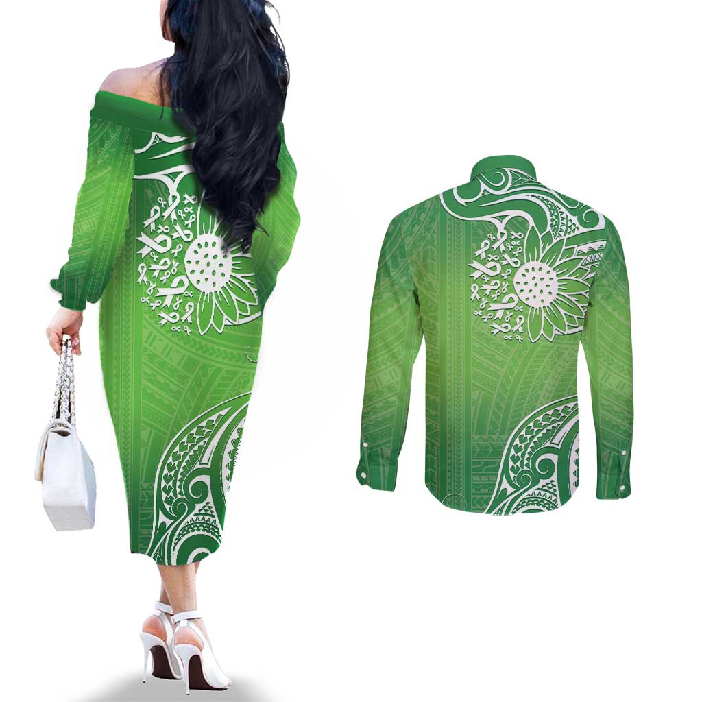 Polynesia Depression Awareness Couples Matching Off The Shoulder Long Sleeve Dress and Long Sleeve Button Shirt Sunflower Green Ribbons Polynesian Tattoo