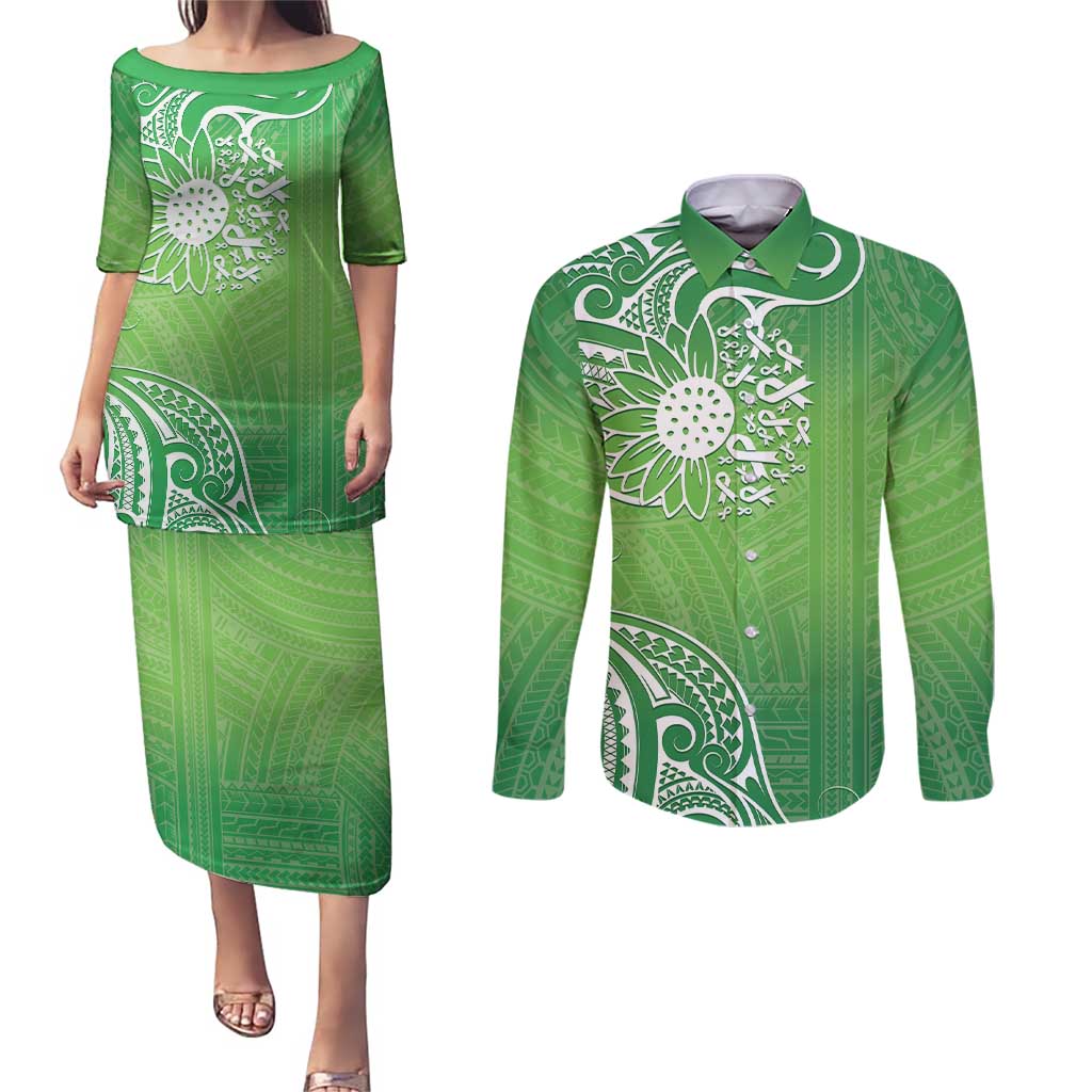 Polynesia Depression Awareness Couples Matching Puletasi and Long Sleeve Button Shirt Sunflower Green Ribbons Polynesian Tattoo