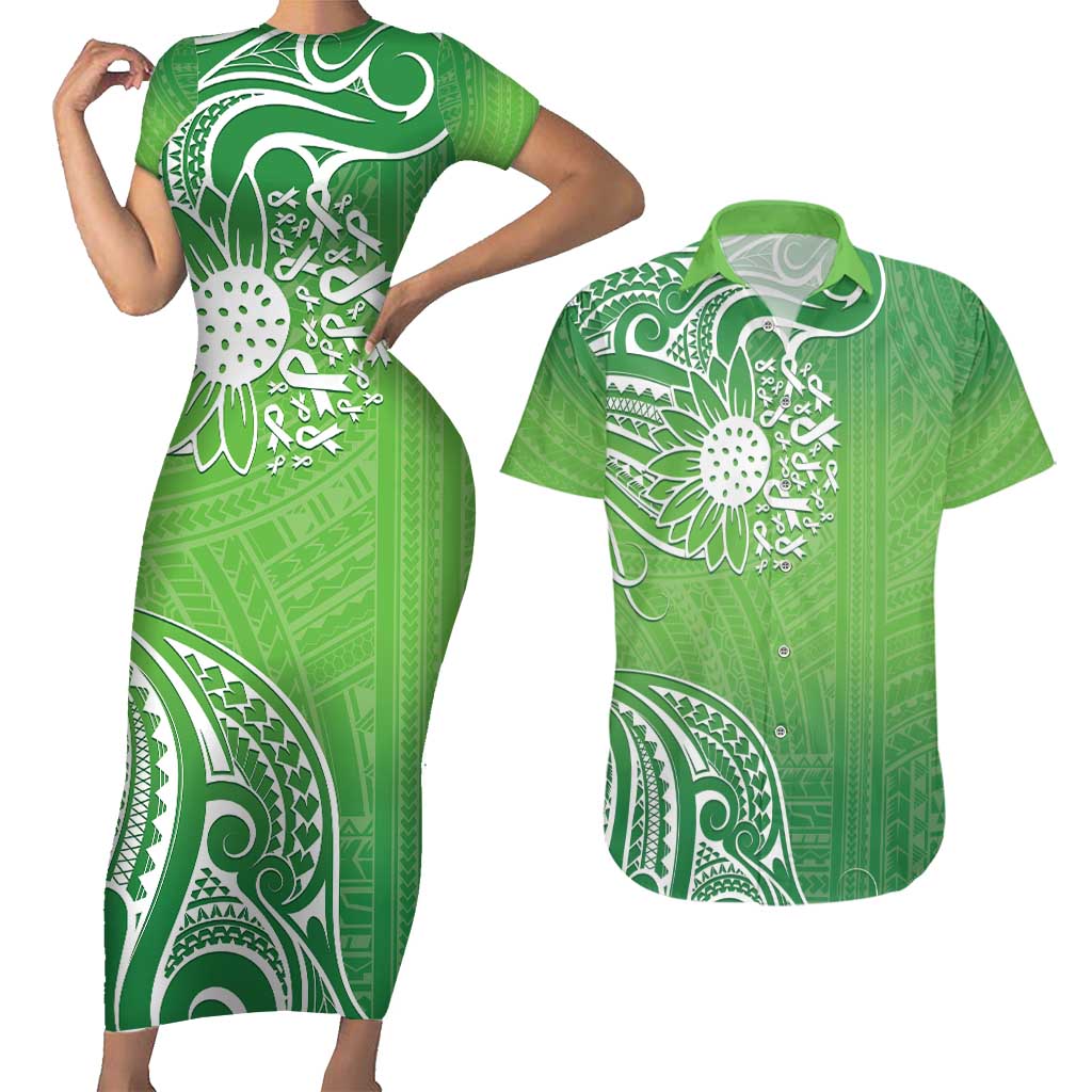 Polynesia Depression Awareness Couples Matching Short Sleeve Bodycon Dress and Hawaiian Shirt Sunflower Green Ribbons Polynesian Tattoo