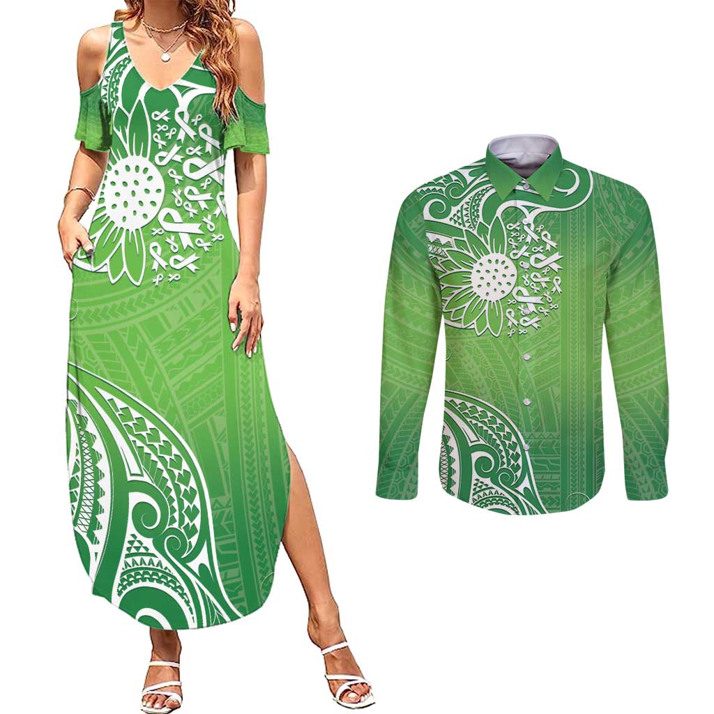 Polynesia Depression Awareness Couples Matching Summer Maxi Dress and Long Sleeve Button Shirt Sunflower Green Ribbons Polynesian Tattoo