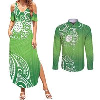 Polynesia Depression Awareness Couples Matching Summer Maxi Dress and Long Sleeve Button Shirt Sunflower Green Ribbons Polynesian Tattoo