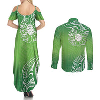 Polynesia Depression Awareness Couples Matching Summer Maxi Dress and Long Sleeve Button Shirt Sunflower Green Ribbons Polynesian Tattoo