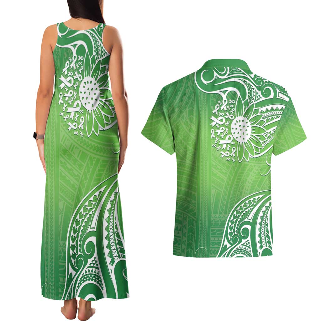 Polynesia Depression Awareness Couples Matching Tank Maxi Dress and Hawaiian Shirt Sunflower Green Ribbons Polynesian Tattoo