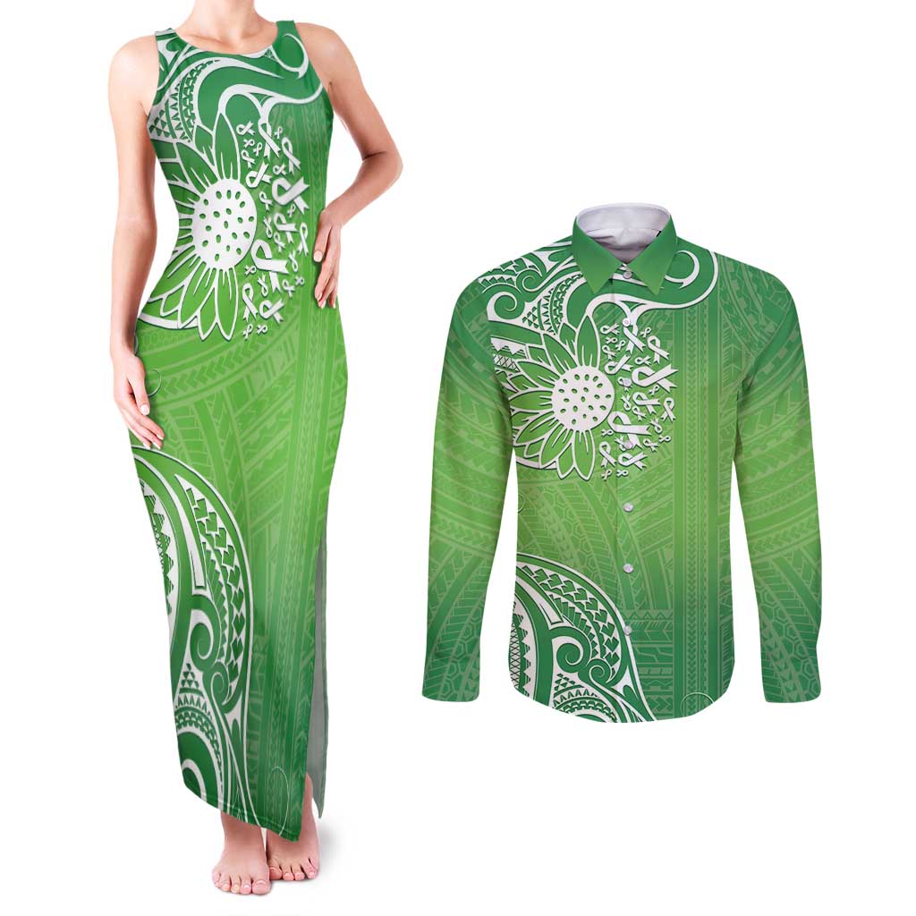 Polynesia Depression Awareness Couples Matching Tank Maxi Dress and Long Sleeve Button Shirt Sunflower Green Ribbons Polynesian Tattoo