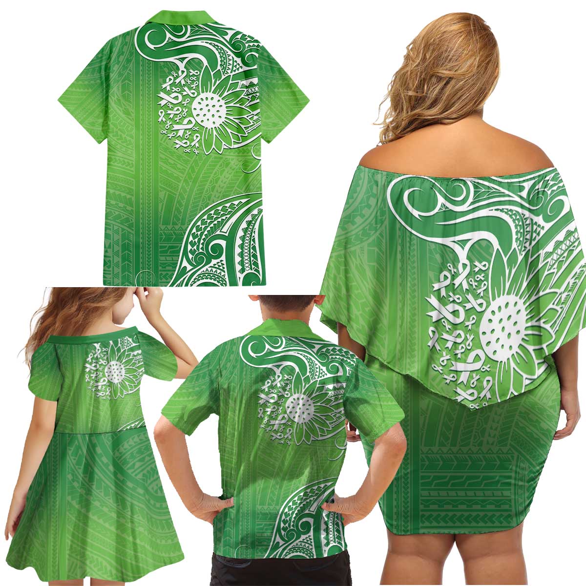 Polynesia Depression Awareness Family Matching Off Shoulder Short Dress and Hawaiian Shirt Sunflower Green Ribbons Polynesian Tattoo