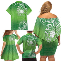 Polynesia Depression Awareness Family Matching Off Shoulder Short Dress and Hawaiian Shirt Sunflower Green Ribbons Polynesian Tattoo