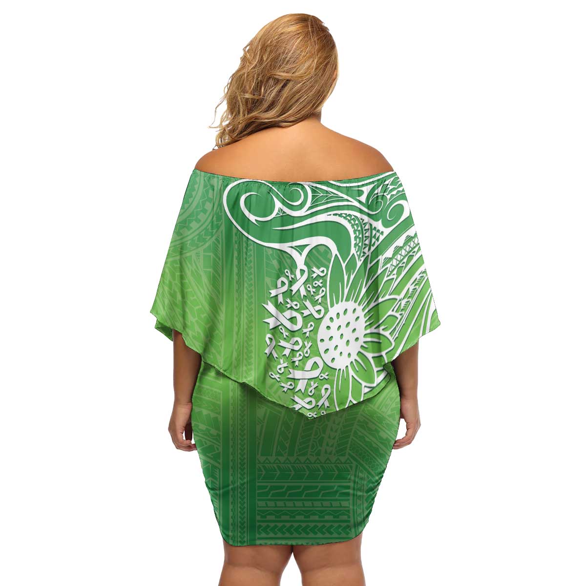 Polynesia Depression Awareness Family Matching Off Shoulder Short Dress and Hawaiian Shirt Sunflower Green Ribbons Polynesian Tattoo